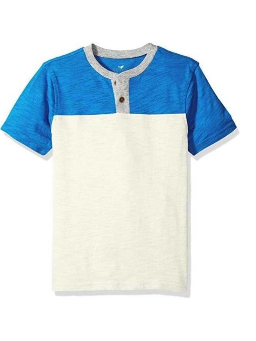 Scout & Ro Henley Shirt Boys 12 Blue Ivory Short Sleeve 2 Button Relaxed